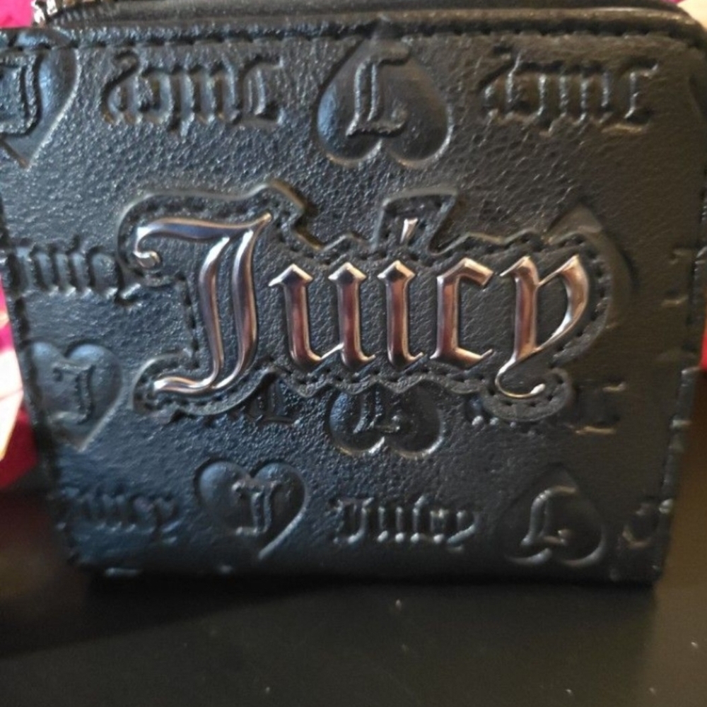 Juicy Couture Black Embossed Leather Card Holder with Metal Logo